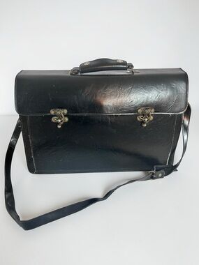 Vintage Leather Briefcase Messenger Bag for Work Office Classic Black